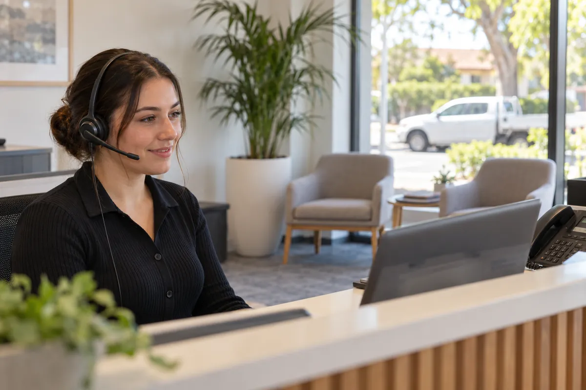 Receptionist at a suburban Sydney accounting practice front desk with a headset and a quiet waiting area