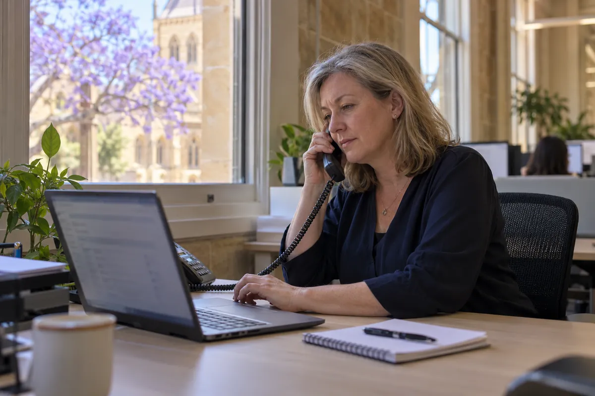 Finance officer in an Adelaide office making a phone call while checking a supplier record on a laptop